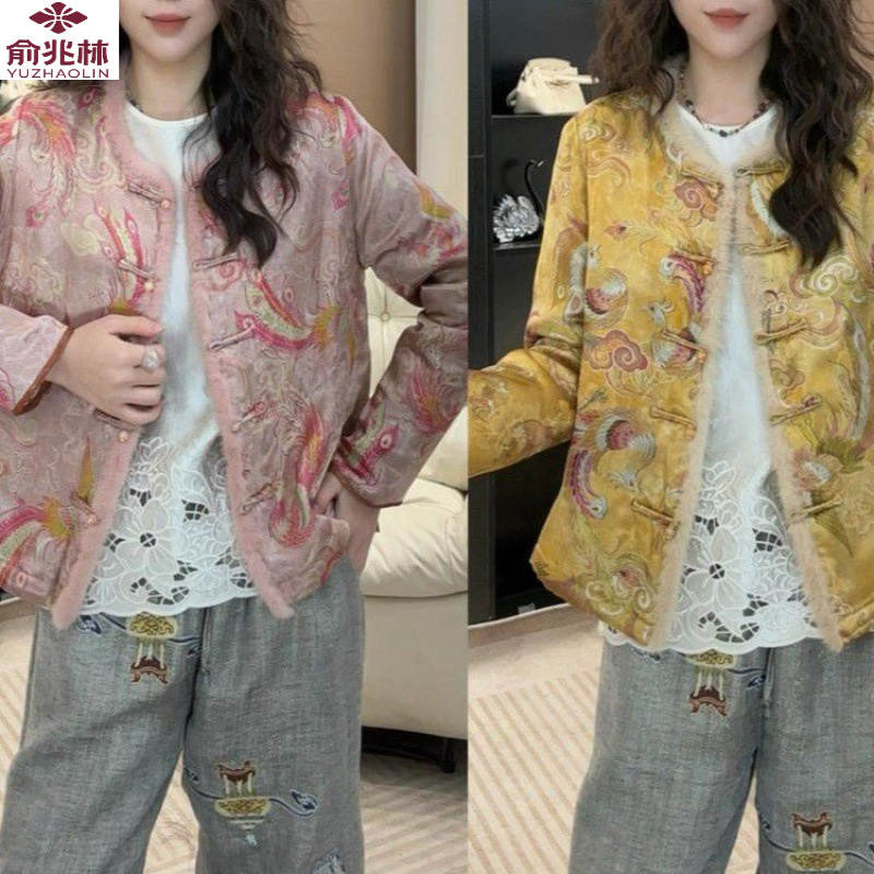 俞兆林新款女装新中式复古唐装民族风盘扣毛毛拼接提花优雅精致棉