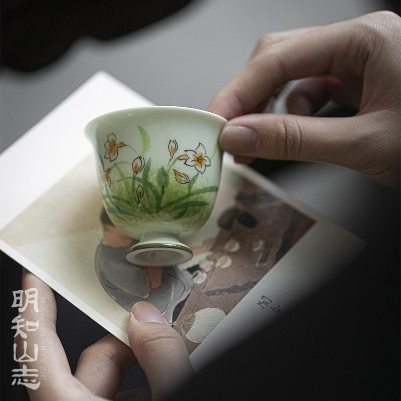 明知山志 果青含苞小花清如茶杯 手绘仿宋高足品茗杯功夫茶具单杯