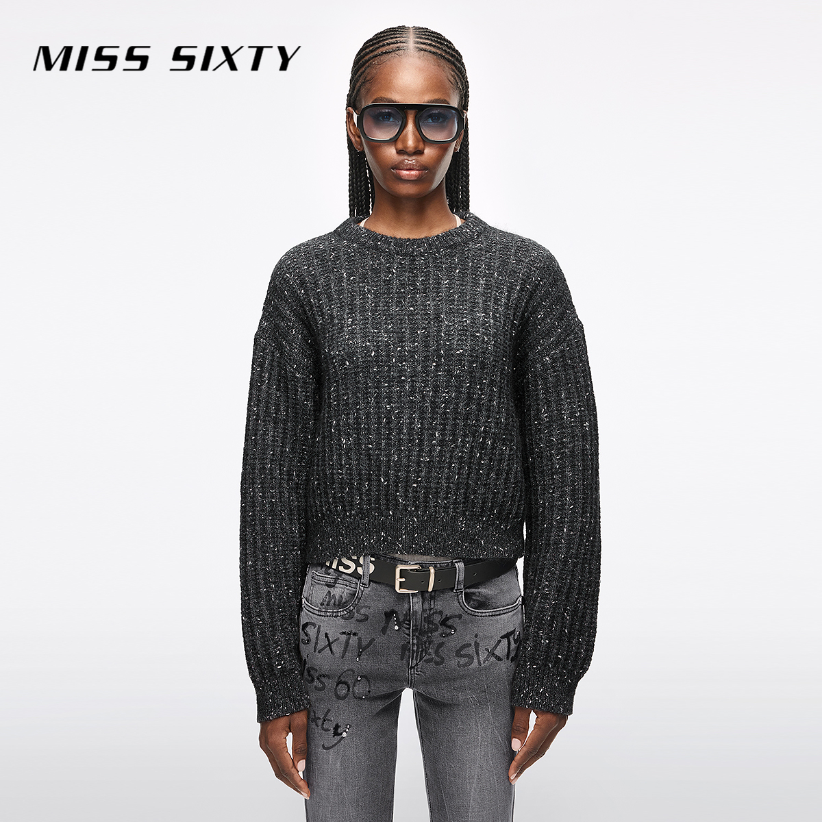 Miss Sixty2025冬季新款针织衫女圆领宽松羊驼毛衣上衣亮丝氛围感