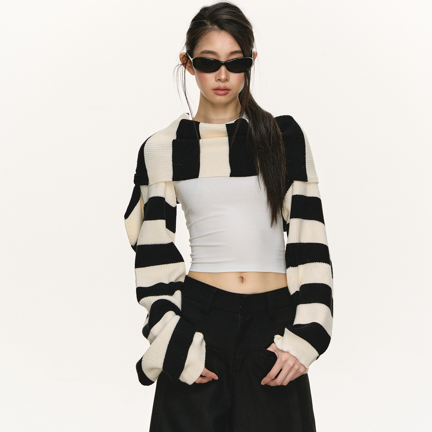 anna aneae条纹多形式穿围巾披肩针织衫女秋冬季复古加厚长袖毛衣