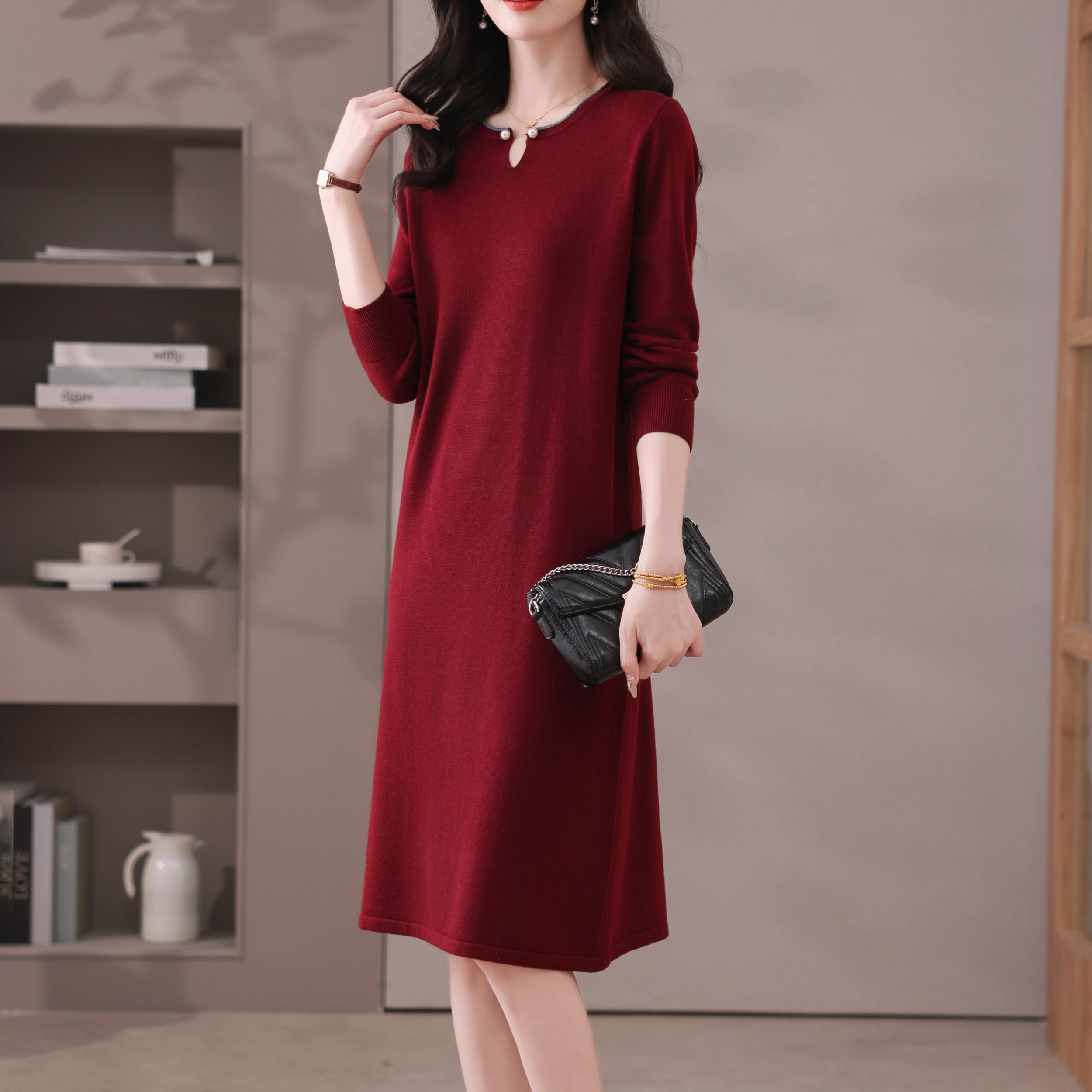 2025春季女时尚休闲百搭气质洋气显瘦长袖针织裙连衣裙2502-107