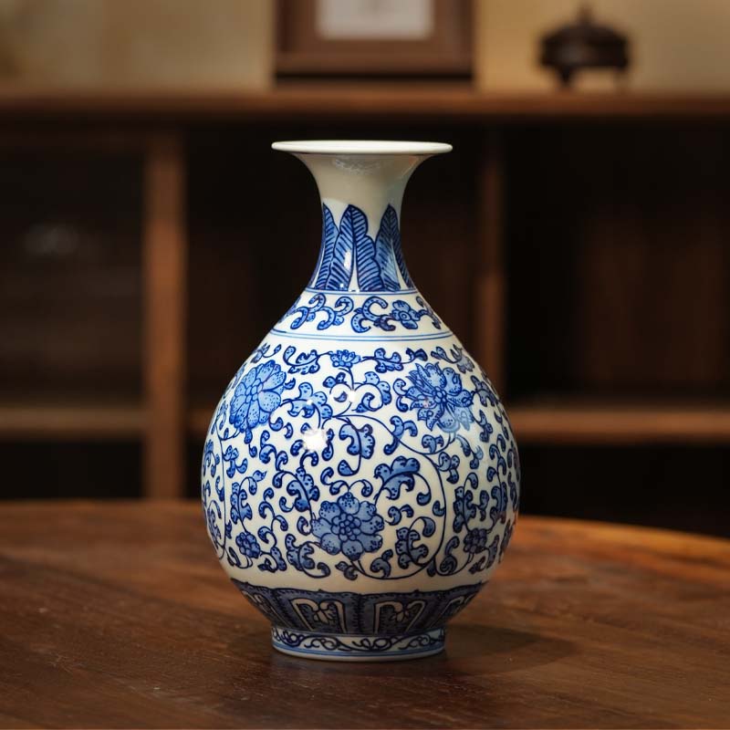 青花缠枝莲花瓶陶瓷花瓶中式摆件客厅