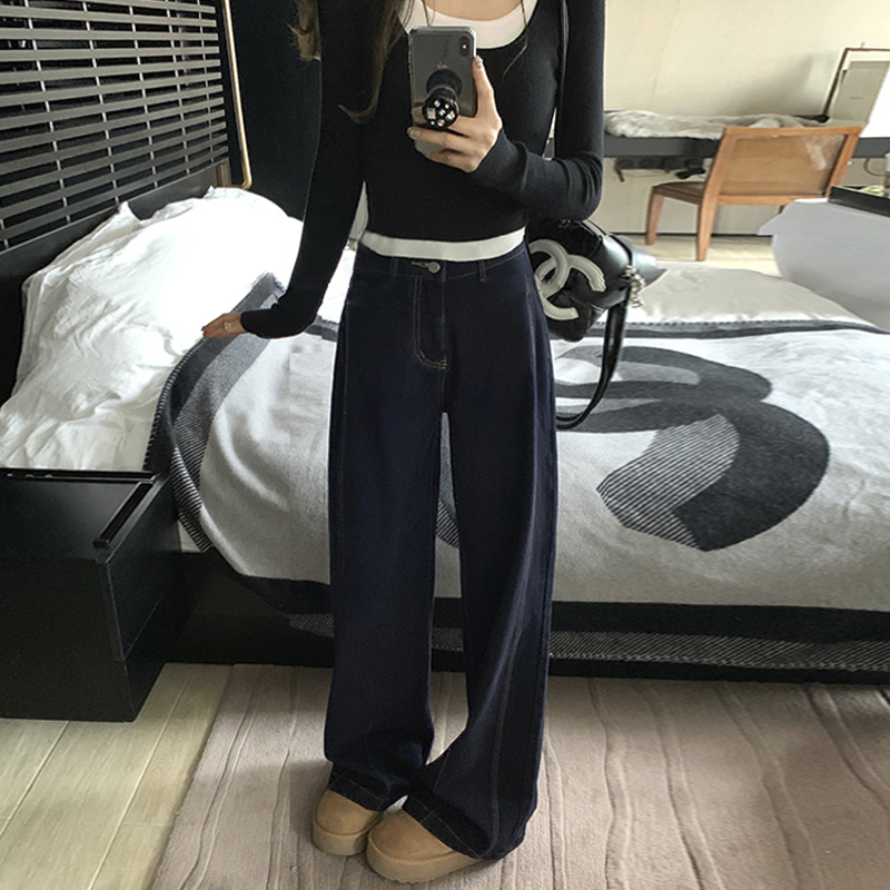 裤长113cm 丹宁蓝阔腿牛仔裤新款高腰显瘦宽松垂感设计拖地直筒裤