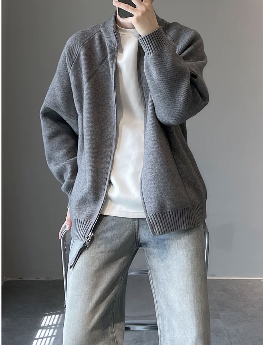 秋季韩系极简外套男长袖休闲宽松简约立领针织开衫毛衣