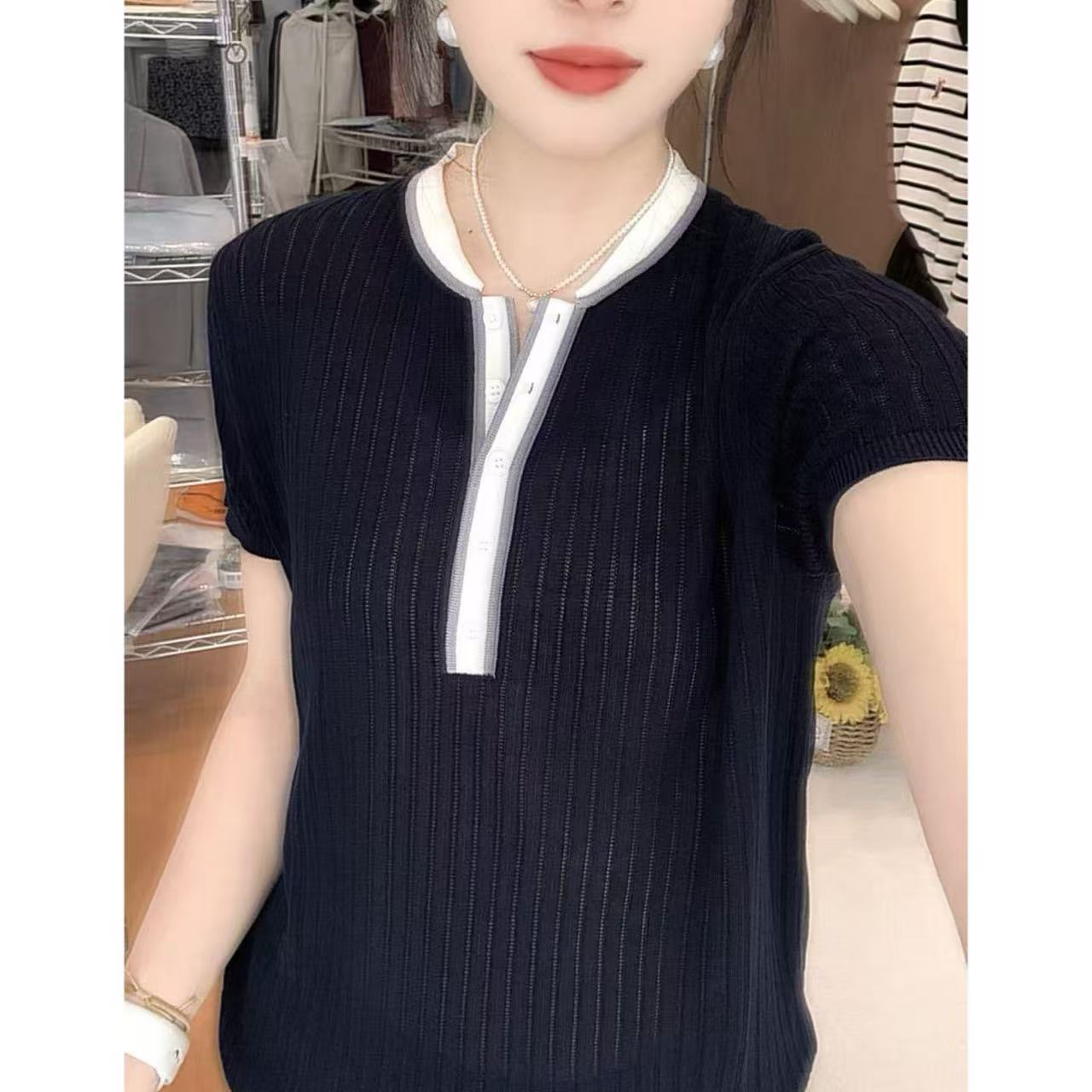 丽丽家~棒球领短袖显时尚夏季百搭圆领上衣