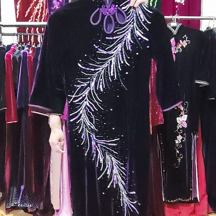 紫色金丝绒三片水滴领镂空短款旗袍手工穿珠m码90-110内