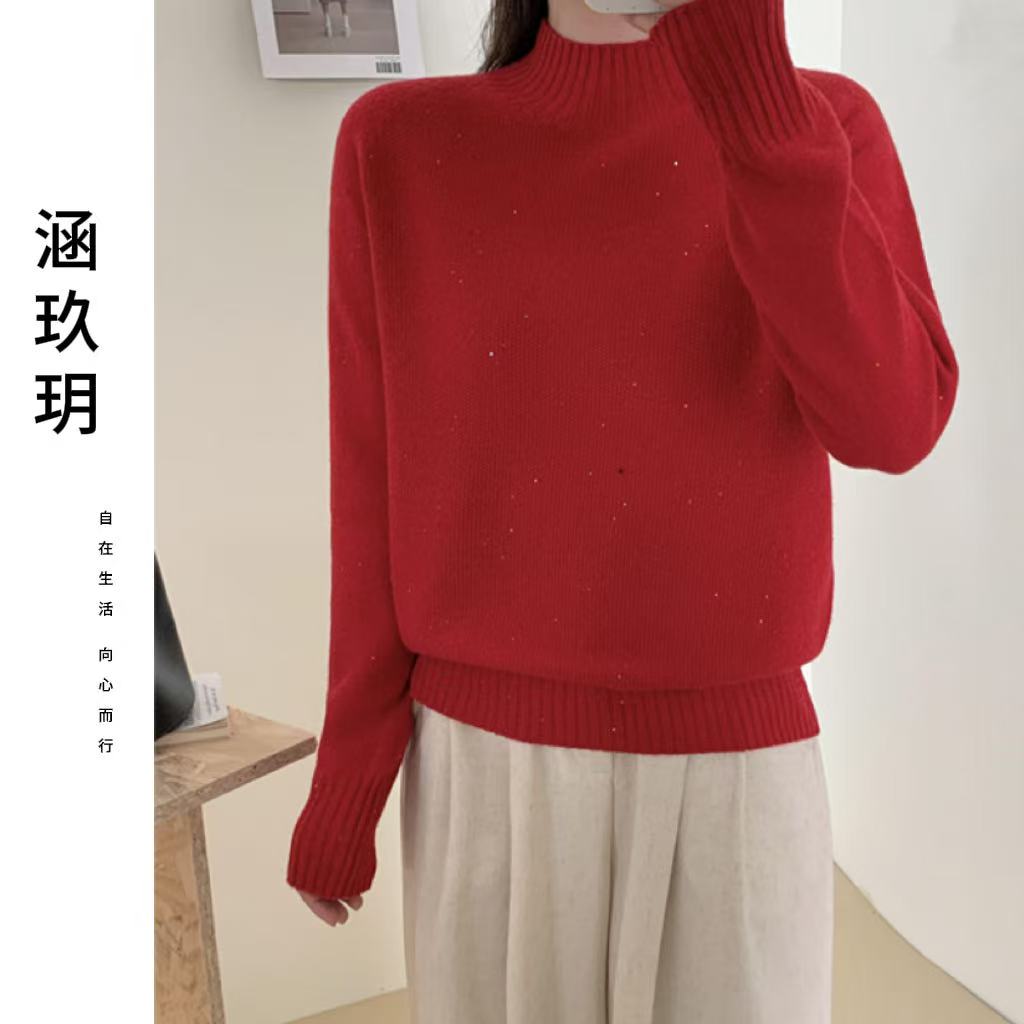 涵玖玥【100%羊毛】千金感富贵领 亮片精致款长袖上衣影01-8002