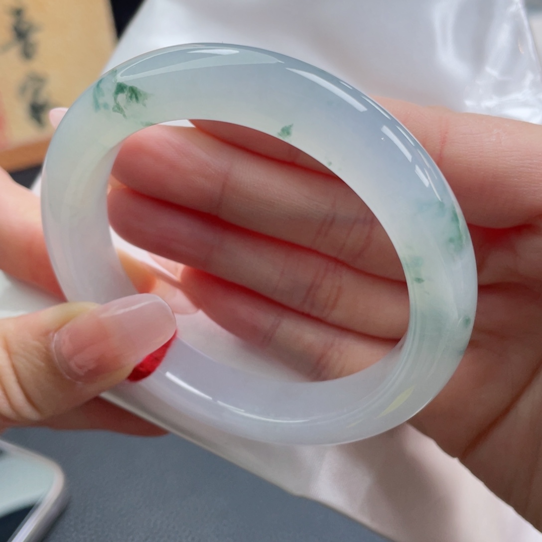 未镶嵌手镯翡翠57.0白冰飘花镯 果肉果冻胶 14号