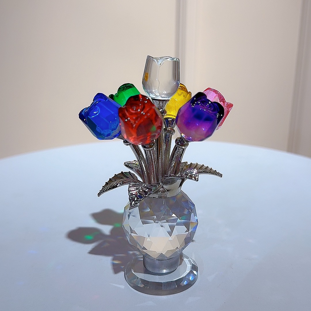 升级款旋转七彩K9水晶玫瑰花摆件高档创意工艺品装饰品（高约12cm）