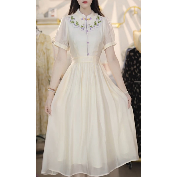 L5008茶歇法式短袖连衣裙女夏高级感气质长裙收腰显瘦温柔风裙子