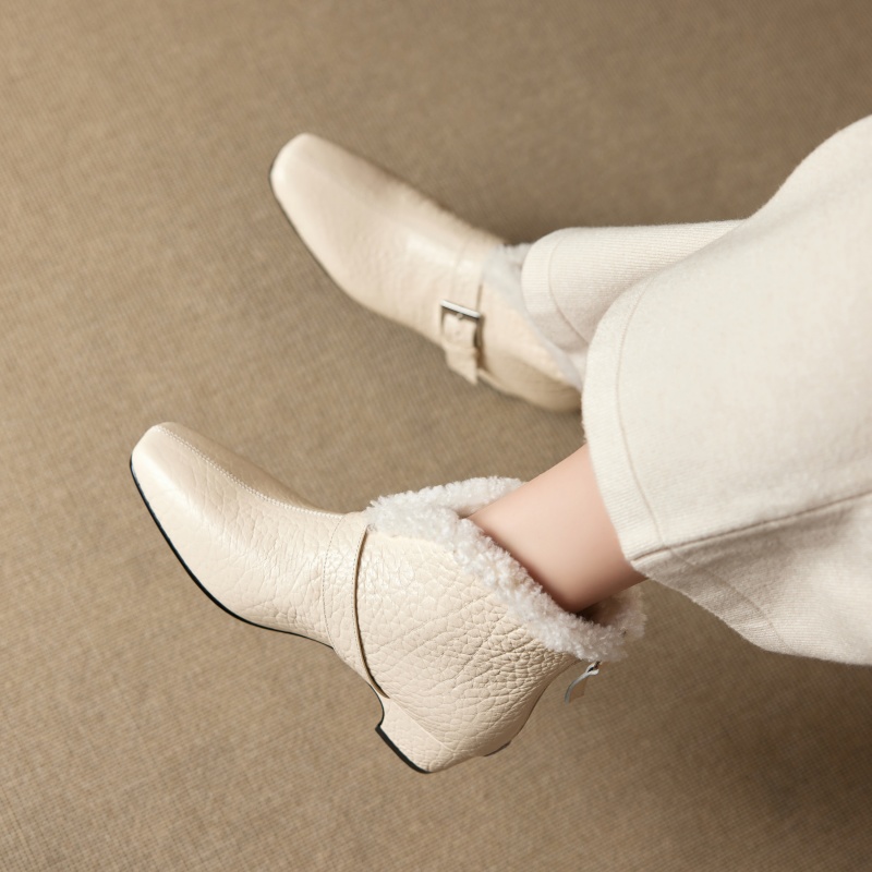 牛皮/跟高4cm/2025新款冬季真皮中跟短靴女软面加厚绒保暖雪地靴