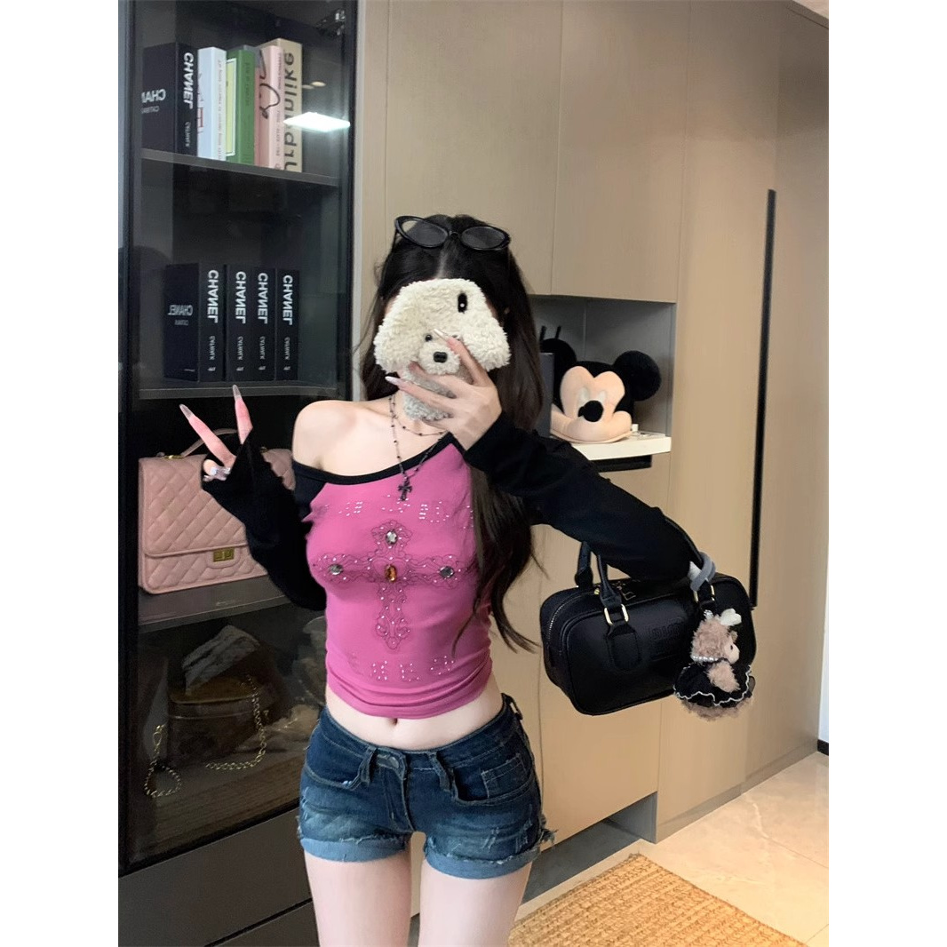 Tongiiuu 美漫辣妹 设计感撞色烫钻露肩T恤女辣妹修身显瘦上衣春