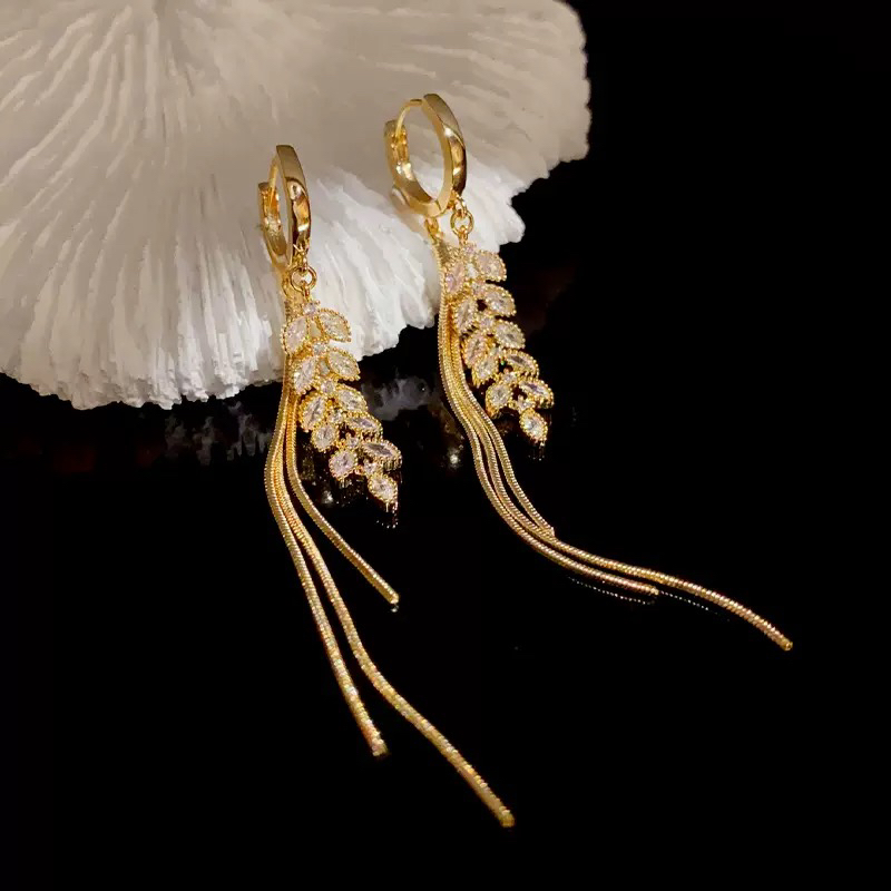 铜合金耳饰 【A16】S925银针秋冬精致轻奢锆石麦穗流苏长款耳扣女