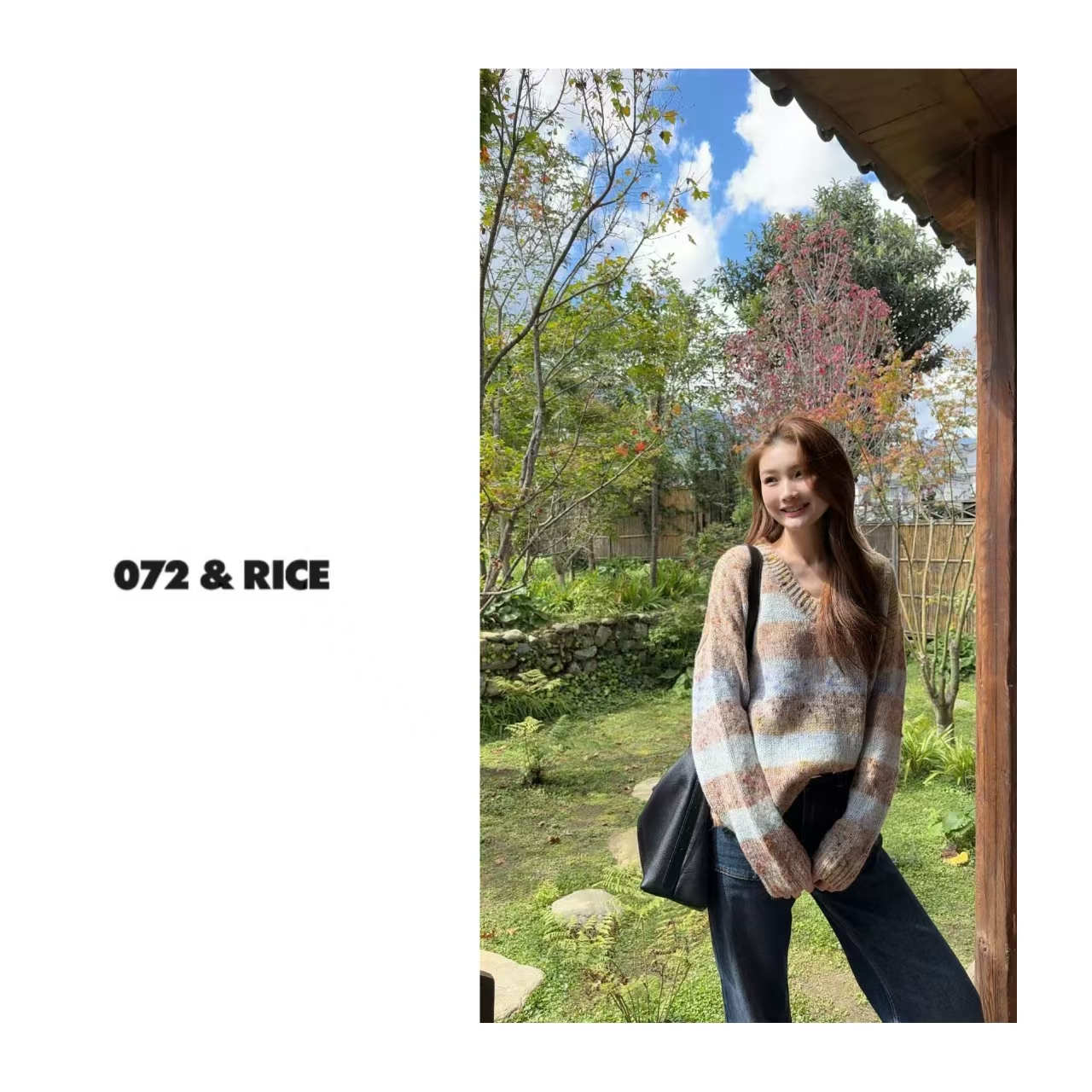 072 & RICE【釜山】秋季休闲V领条纹长袖针织衫 32HM1363