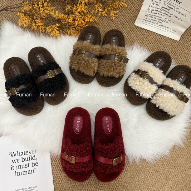 2025新款秋冬厚底拖鞋女外穿季毛茸茸皮带扣网红时尚家居棉拖鞋