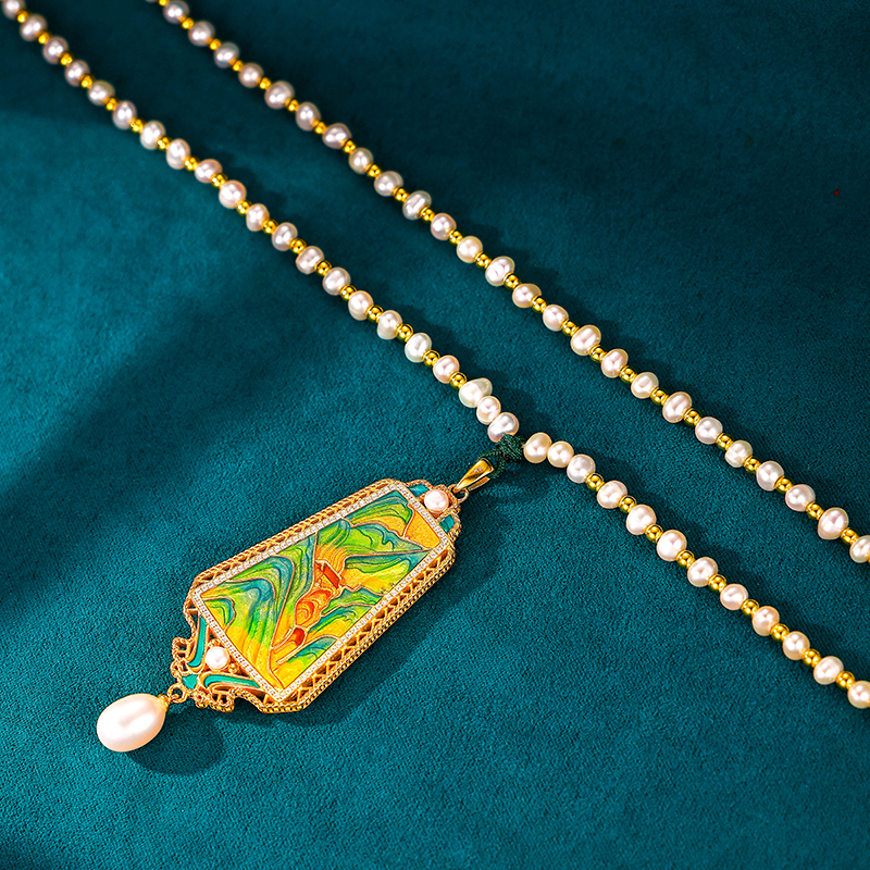 中国珠宝 坠链均925银 烧蓝珐琅彩千里江山牌项链民族风百搭气质