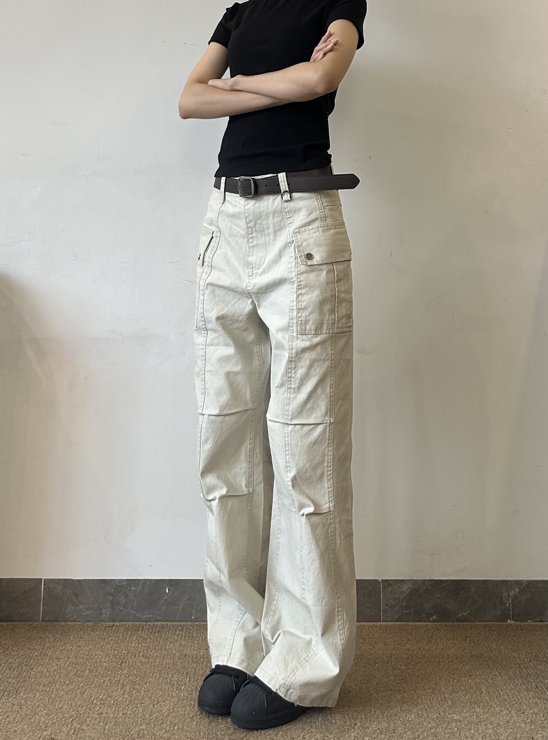 XTD 美式复古多口袋工装裤女直筒微喇立体显瘦水洗休闲长裤子男潮