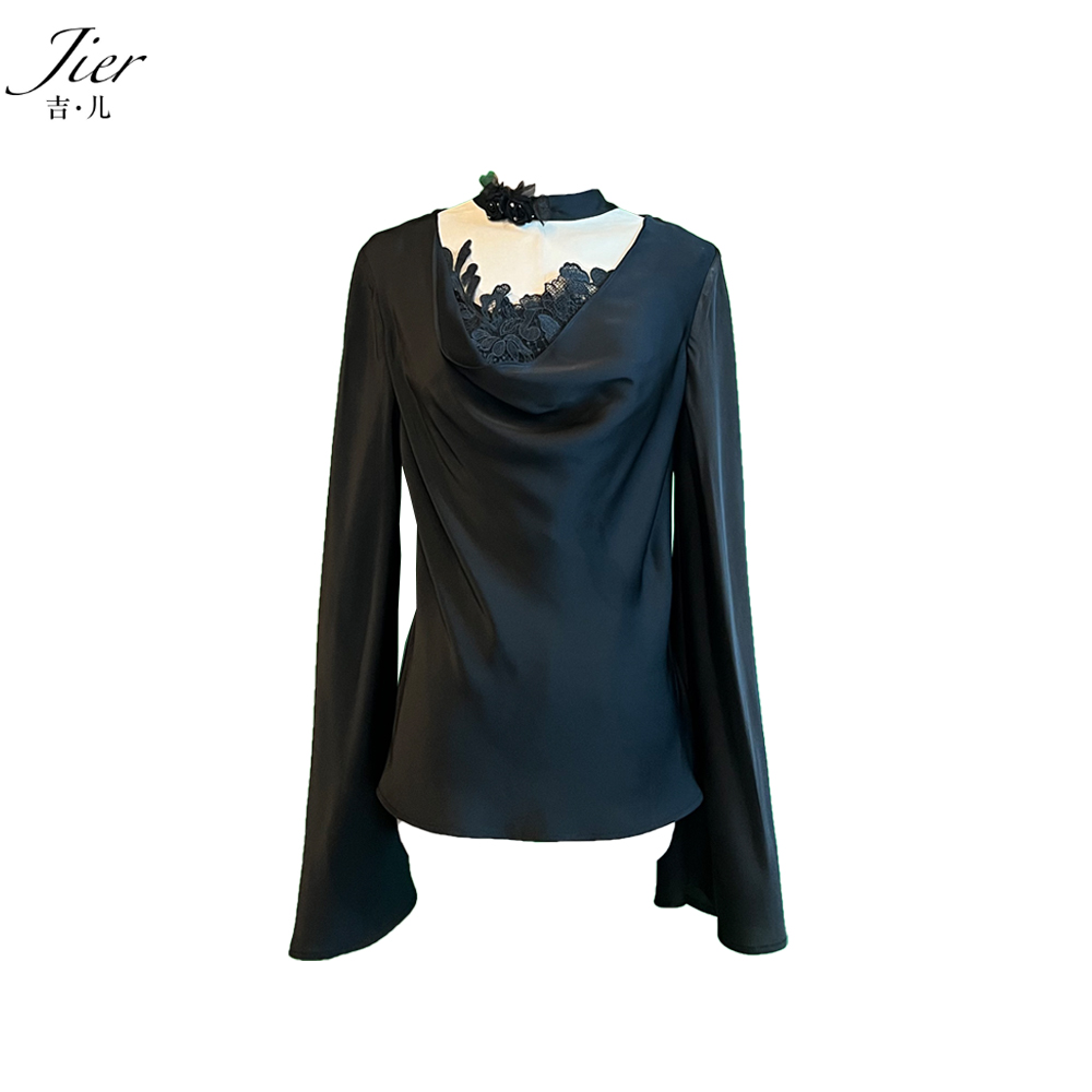 【Jier吉儿】原创设计师气质长袖时尚百搭黑色上衣