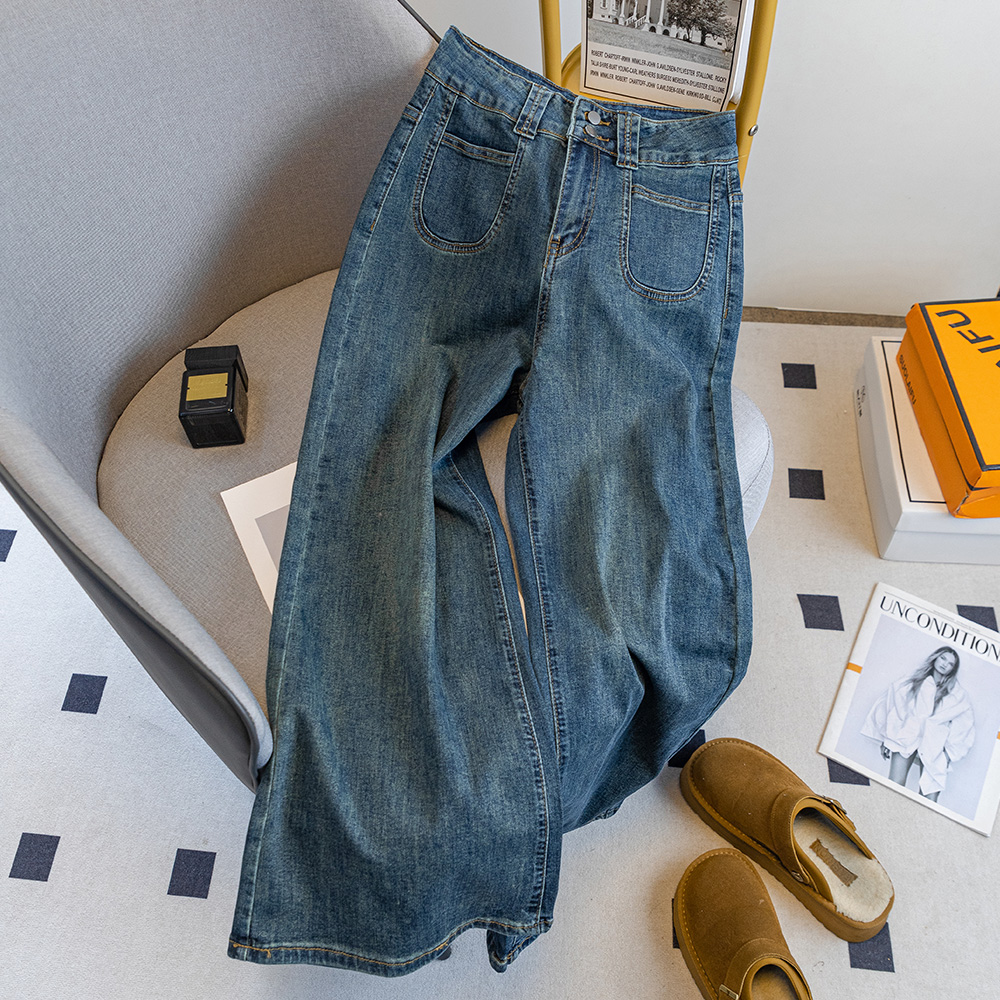 7521#九分-不贴腿微喇裤高腰牛仔裤子女2025夏季新款宽松牛仔裤