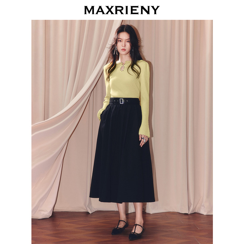 MAXRIENY2025秋针织衫新中式套头针织衫羊毛混纺收腰修身长袖上衣