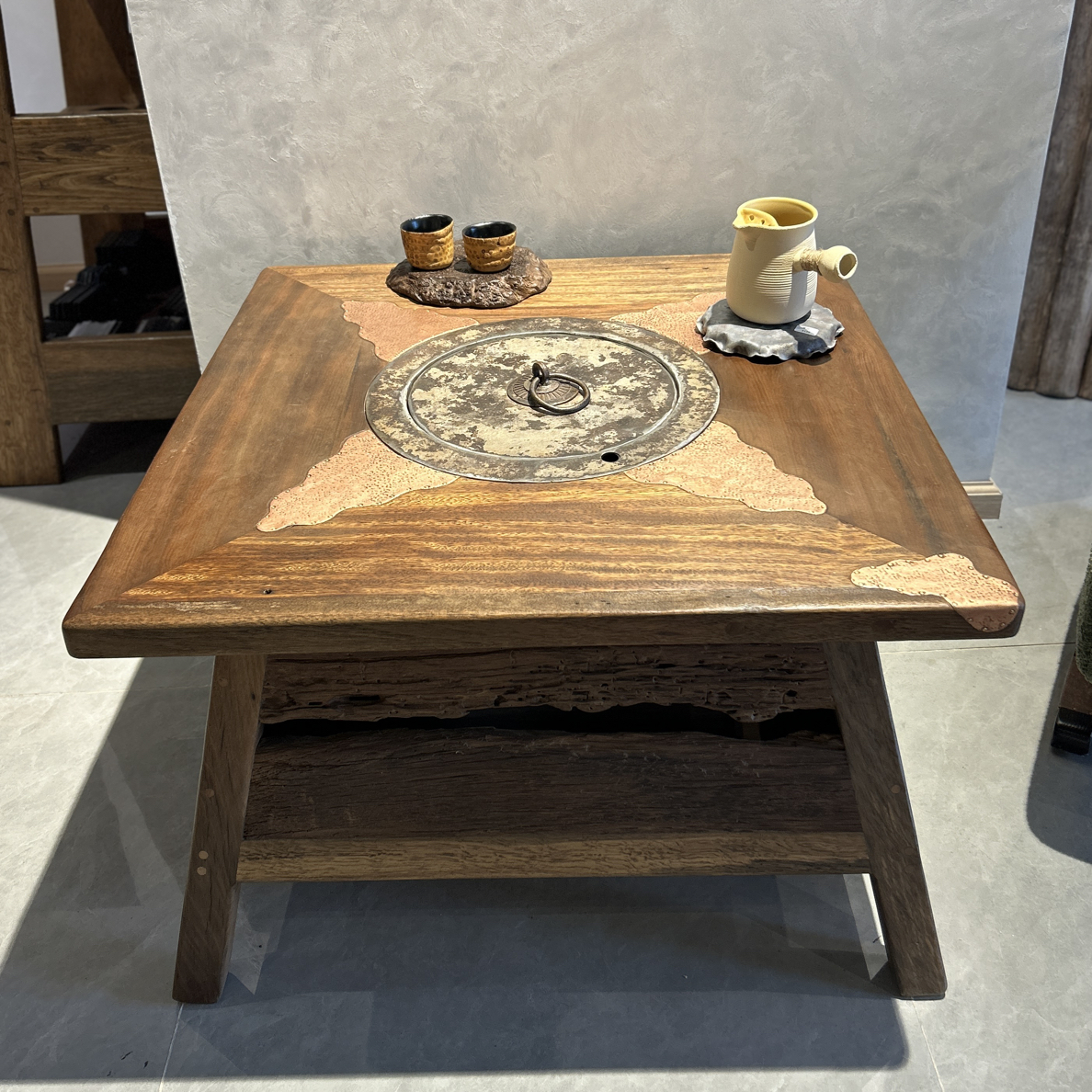 木渣侘寂风围炉烤茶桌80*80*50居家空间装饰摆件