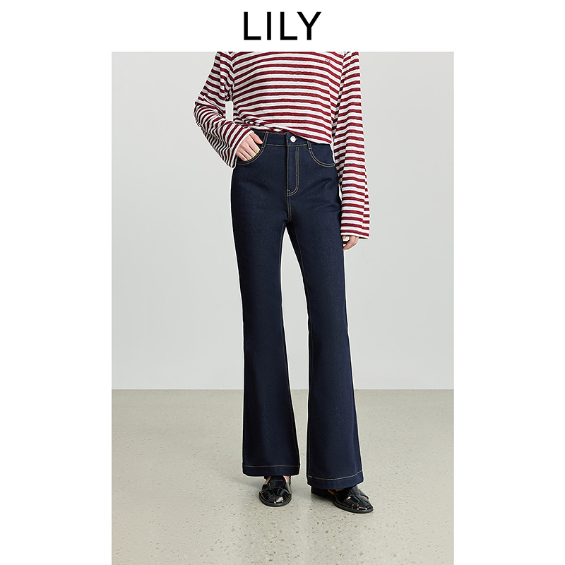 LILY2025冬新款原色弹力修身加绒通勤深色微喇牛仔裤125429GJ905