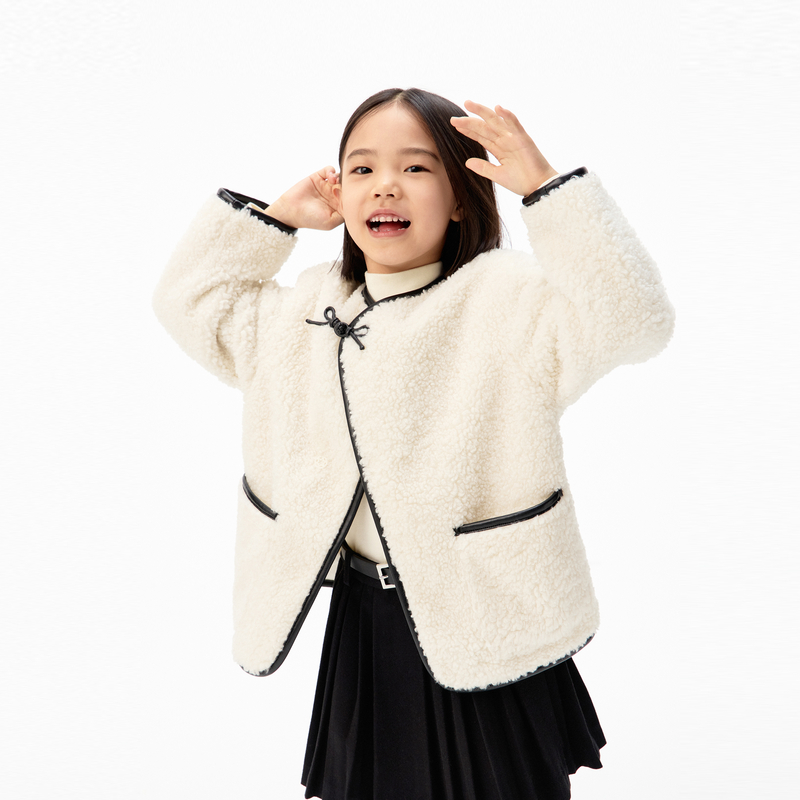 littlemoco童装25冬装新款女童仿羊羔绒外套上衣中式盘扣