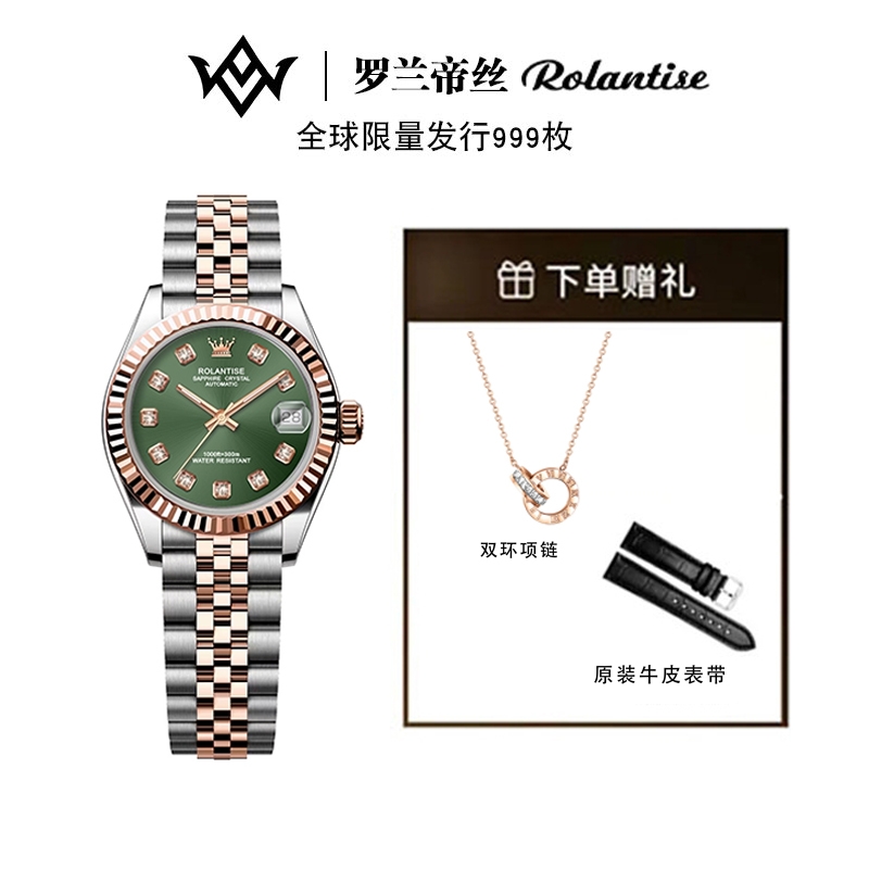 ROLANTISE劳家日志高端女款高奢全自动机械表防水夜光镶钻腕表