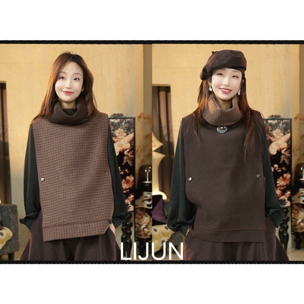 2217篱君秋冬复古咖色格子双面穿背心高领设计感气质百搭无袖背心