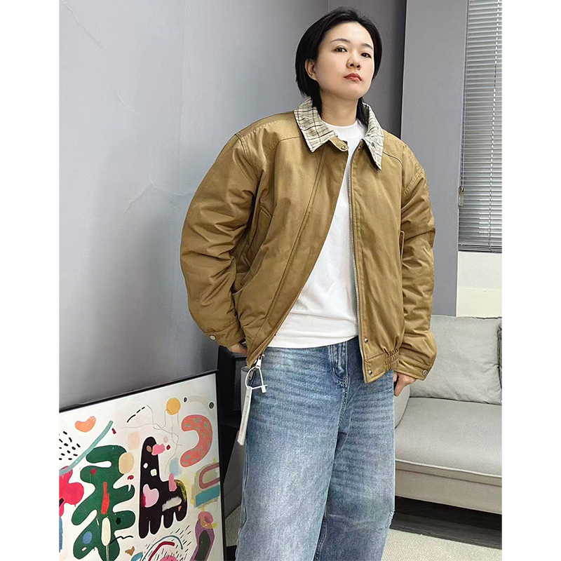 翻领百搭印花格子棉服棉衣复古宽松型日系男士长袖棉衣秋冬时尚