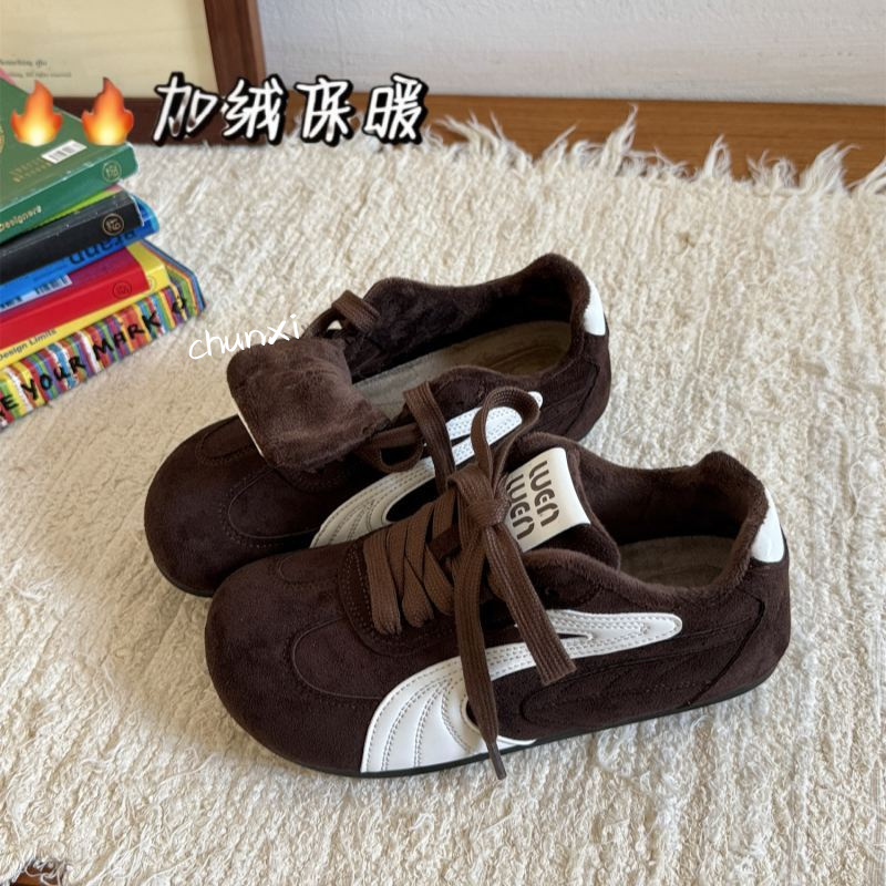 废士风棕色德训鞋女2025新款冬季加绒小众复古休闲鞋平底运动板鞋