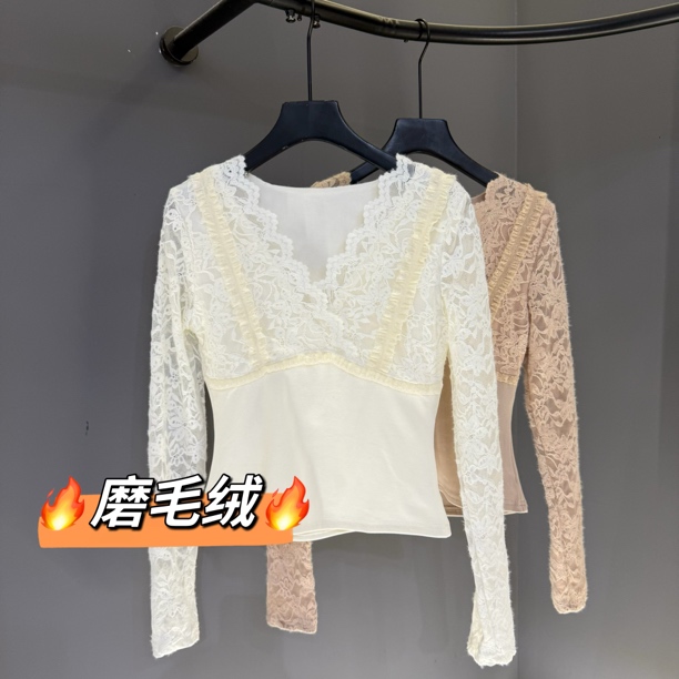 秋冬新款法式复古高级感洋气百搭蕾丝拼接修身V领短款上衣女8040#