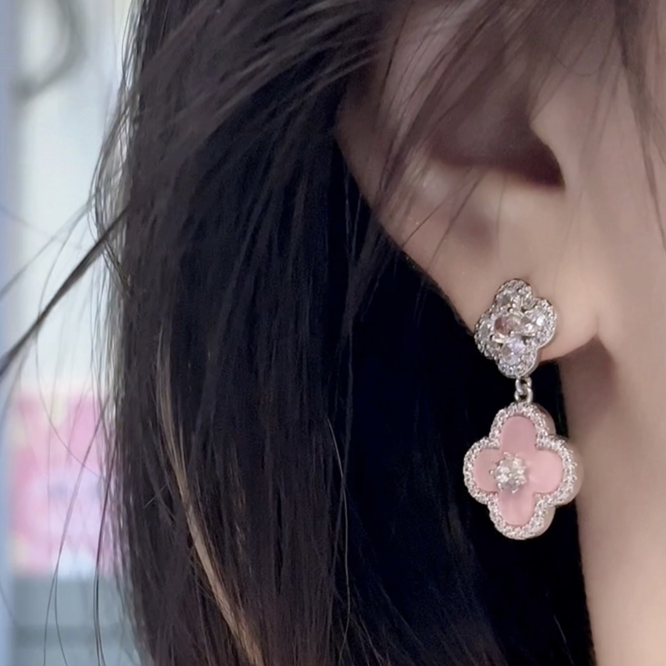 925银耳饰 四叶草耳钉早秋时尚通勤百搭甜美耳环小众高级感耳饰女