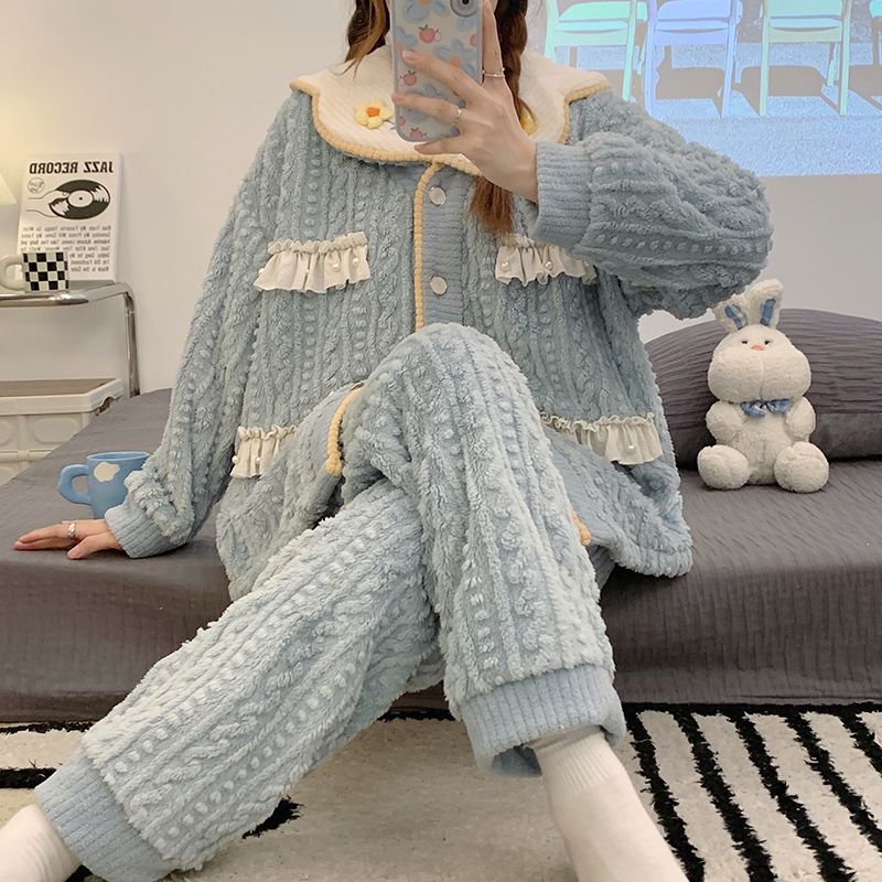 睡衣秋冬季开衫甜美加厚保暖珊瑚绒家居服蓝色套装白色娃娃领