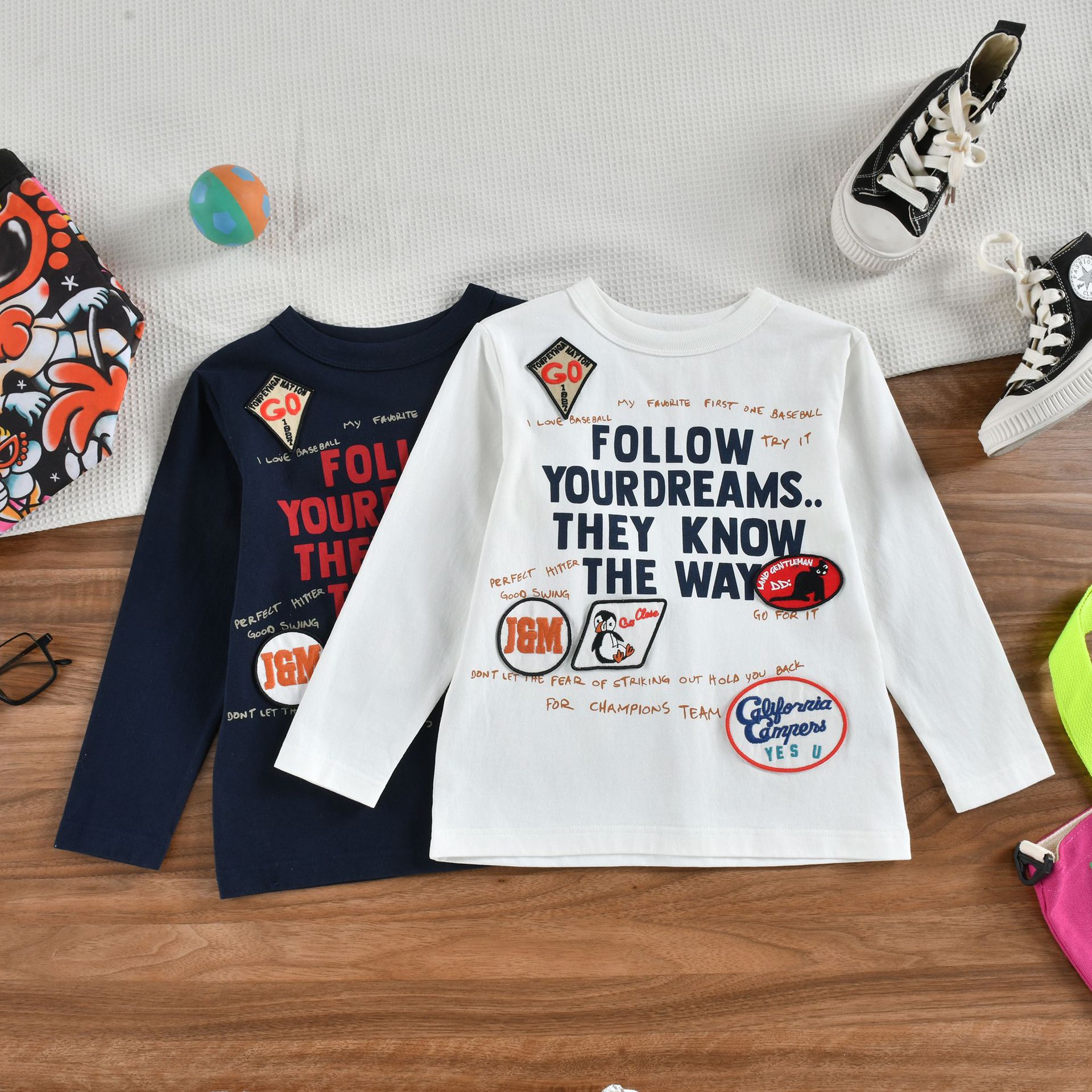 中古DD春秋季长袖儿童T恤企鹅印花刺绣复古风格圆领童装上衣高货