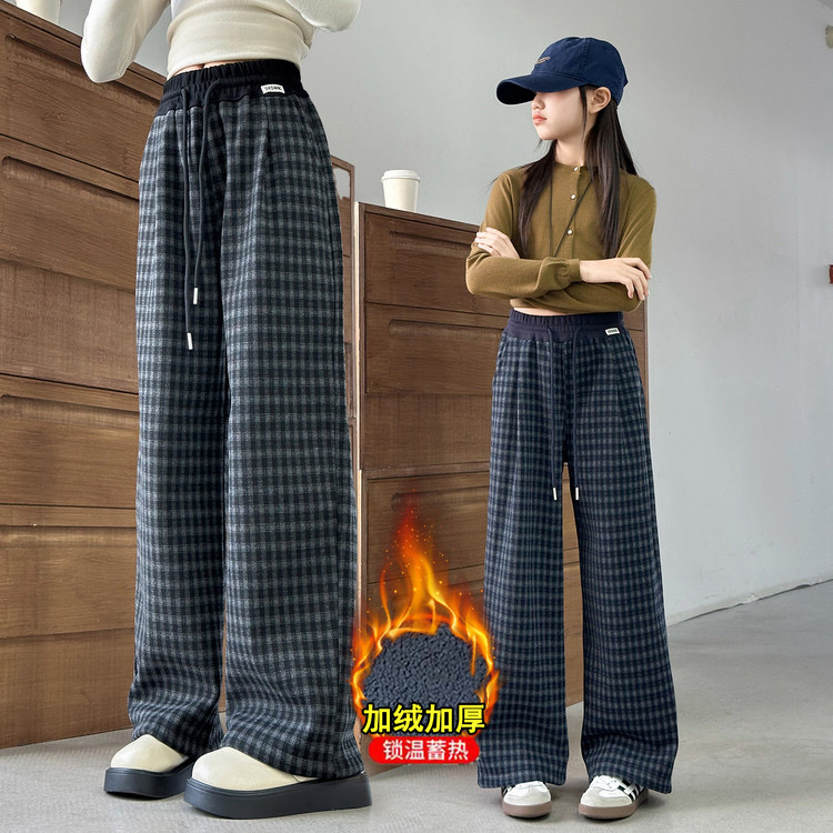 女童秋冬加绒格子直筒裤中大童韩版百搭窄版休闲裤阔腿裤
