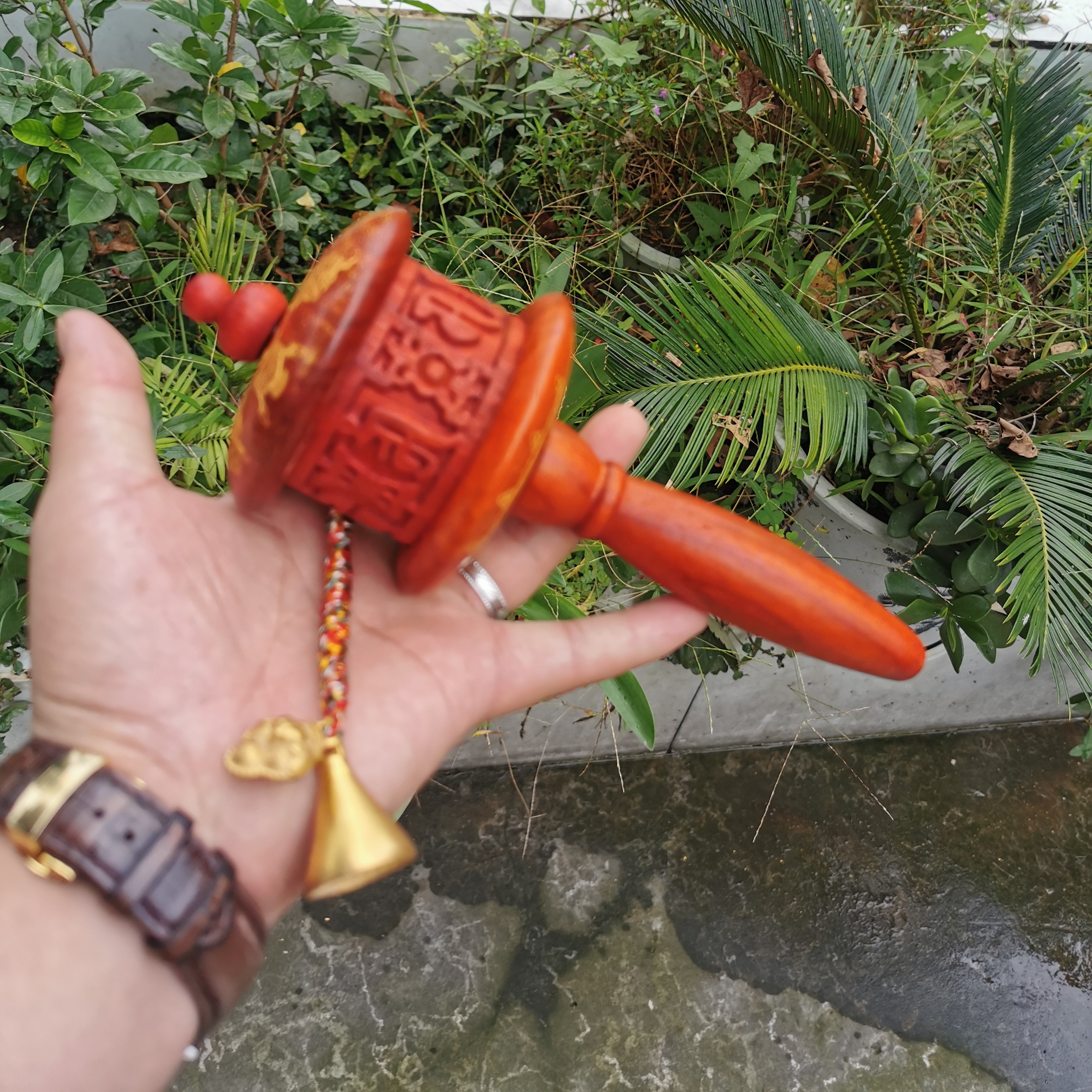 红花梨红木手摇转经筒六字真言+底座