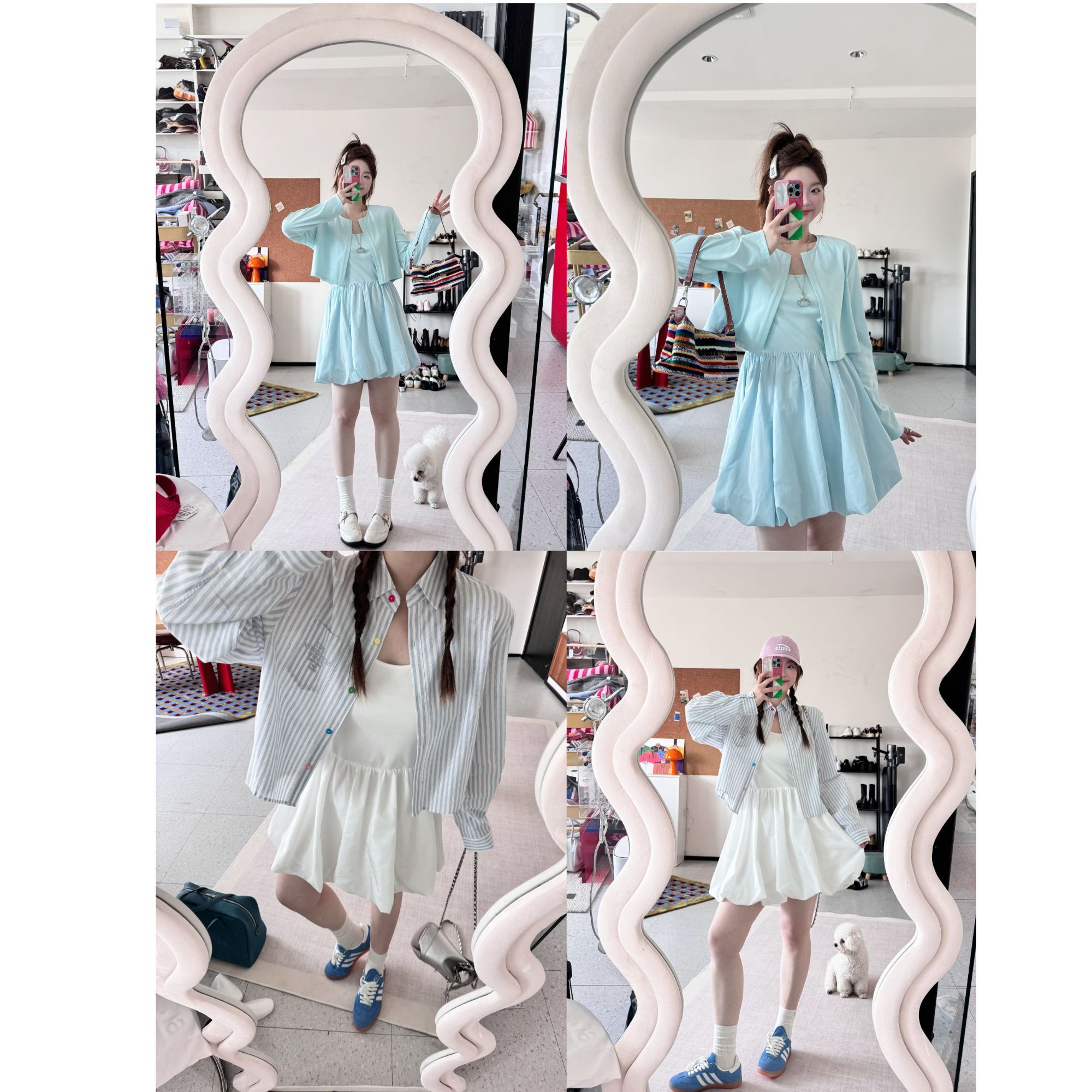 晶咕【轻氧入春】工字背心拼气球短裙+纯色圆领长袖小衫外套