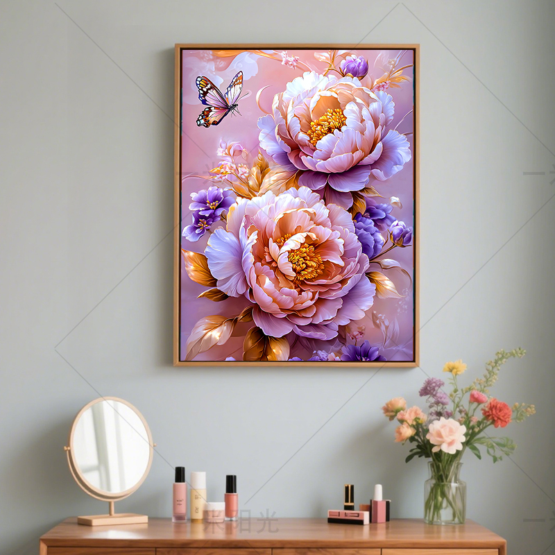 【新疆长绒棉双纱棉】7295花韵蝶影二十字绣 牡丹玄关画 45种绣线