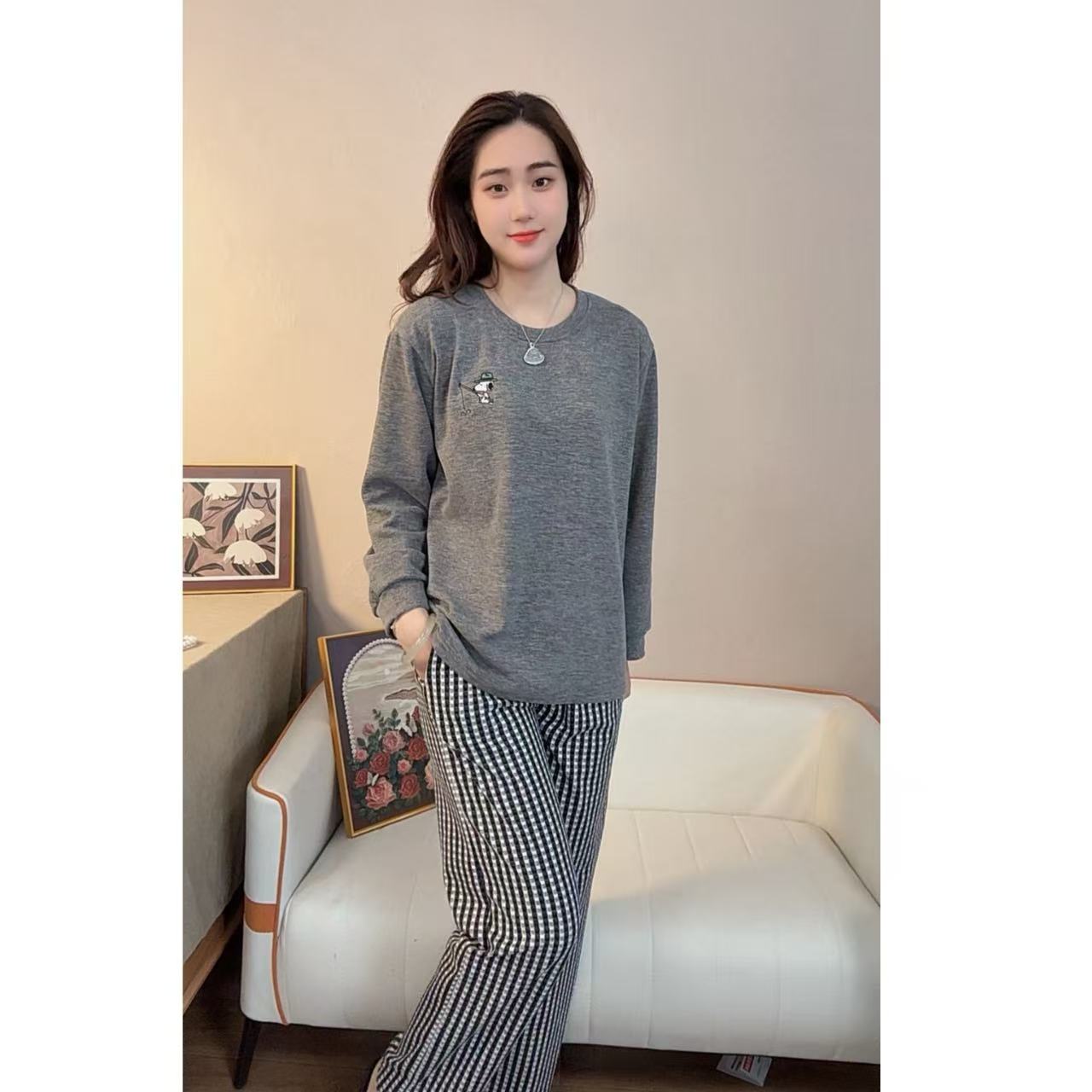 睡衣女冬季新款爆款羊绒长袖长裤韩版可外穿家居服套装（格子诺比）