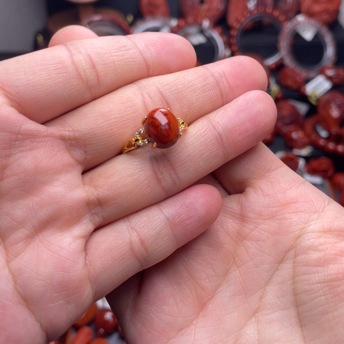 【闪购商品】银S925镶嵌小蛋面戒指南红玛瑙