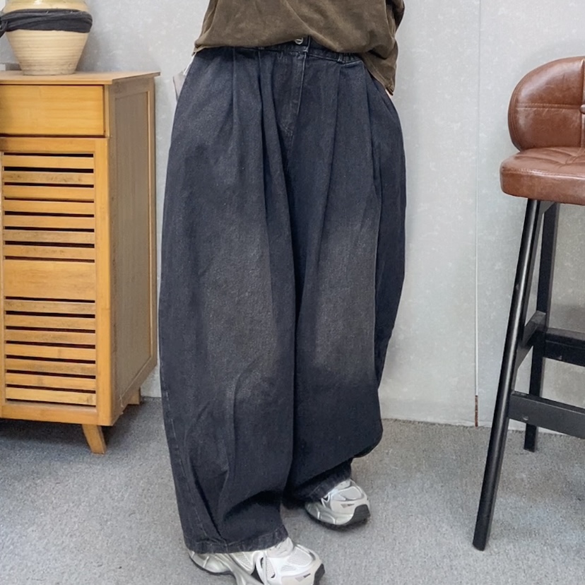 【云吖】秋冬韩版复古休闲简约大版半腰松紧纯色阔腿水洗牛仔长裤