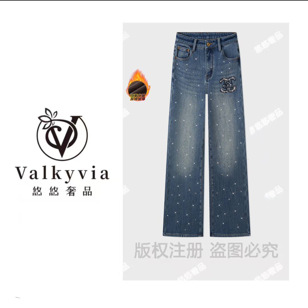 【Valkyvia/悠悠奢品】冬季保暖烫钻刺绣宽松加绒直筒牛仔裤25693