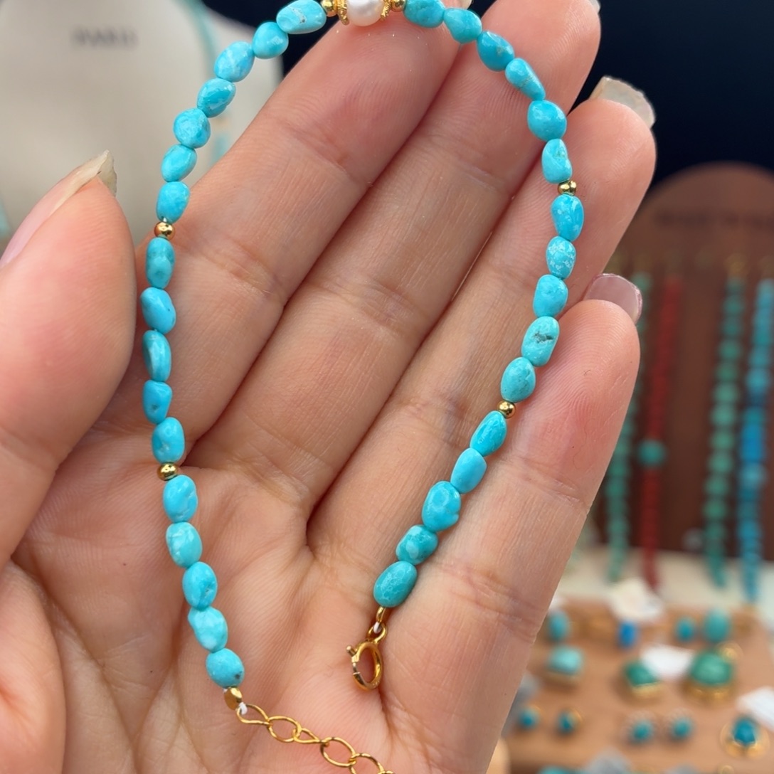 绿松石银S925镀金镶嵌手链