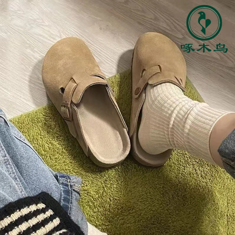 秋冬新款勃肯鞋软木厚底包头拖鞋女时尚百搭外穿平底半包拖鞋女