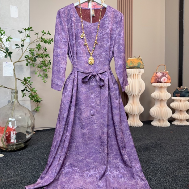 3207【贵气紫】圆领宽松遮肉显瘦连衣裙