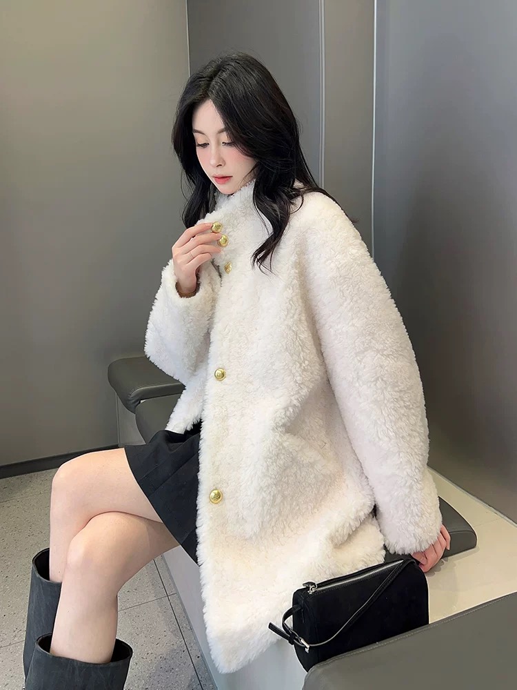 立领羊羔毛皮草外套女中长款羊剪绒颗粒皮毛一体冬季厚款羊绒大衣