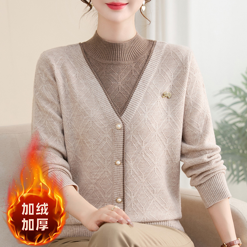 【加绒】女针织洋气质冬季打底衫毛衣新款中年妈妈秋冬保暖上衣