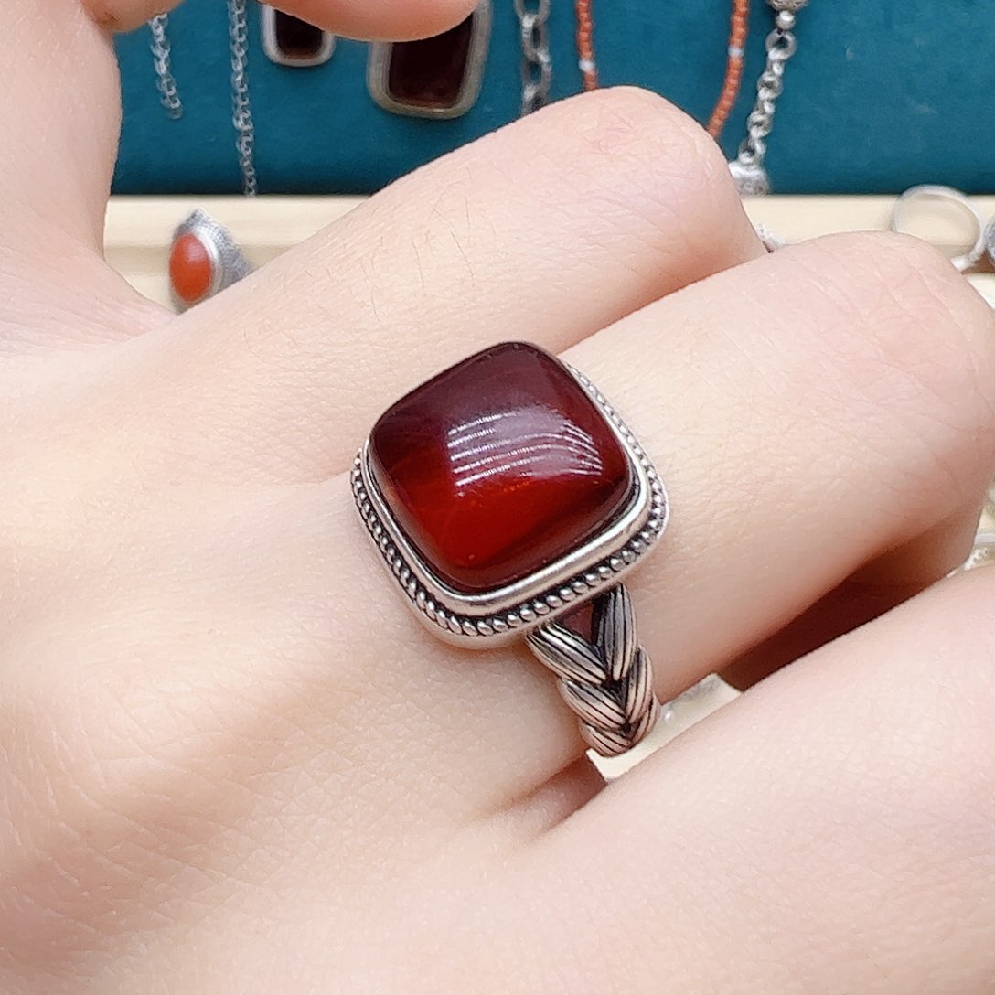 血珀戒指银S925镶嵌天然