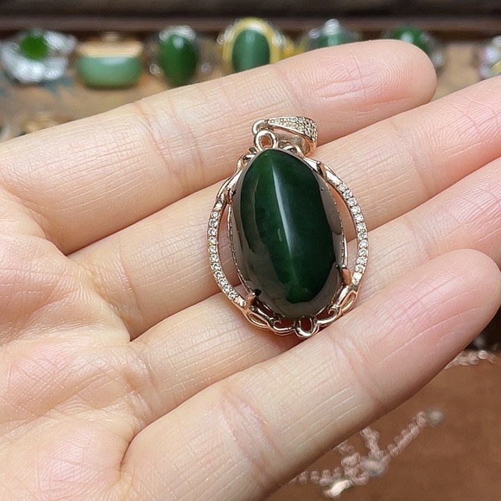 和田玉（碧玉）银S925镶嵌吊坠(赠链)